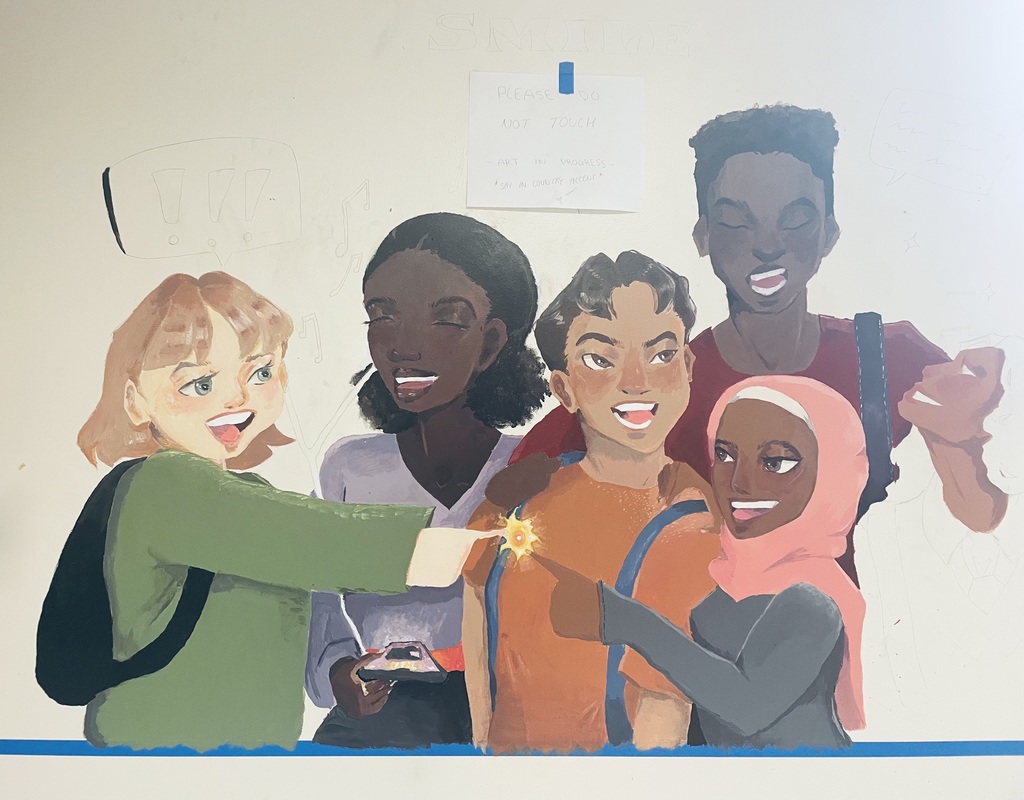 Photo of a mural in progress.   Mural of a group of five students.  Students are carrying backpacks and are smiling.  