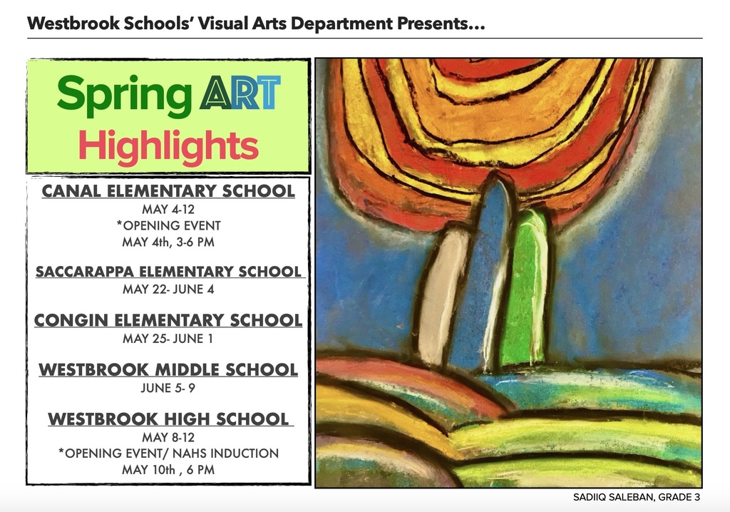 Art department spring highlight art poster.  The poster provides information about spring art shows and curriculum sharing.  Image of chalk pastel landscape sun in desert.